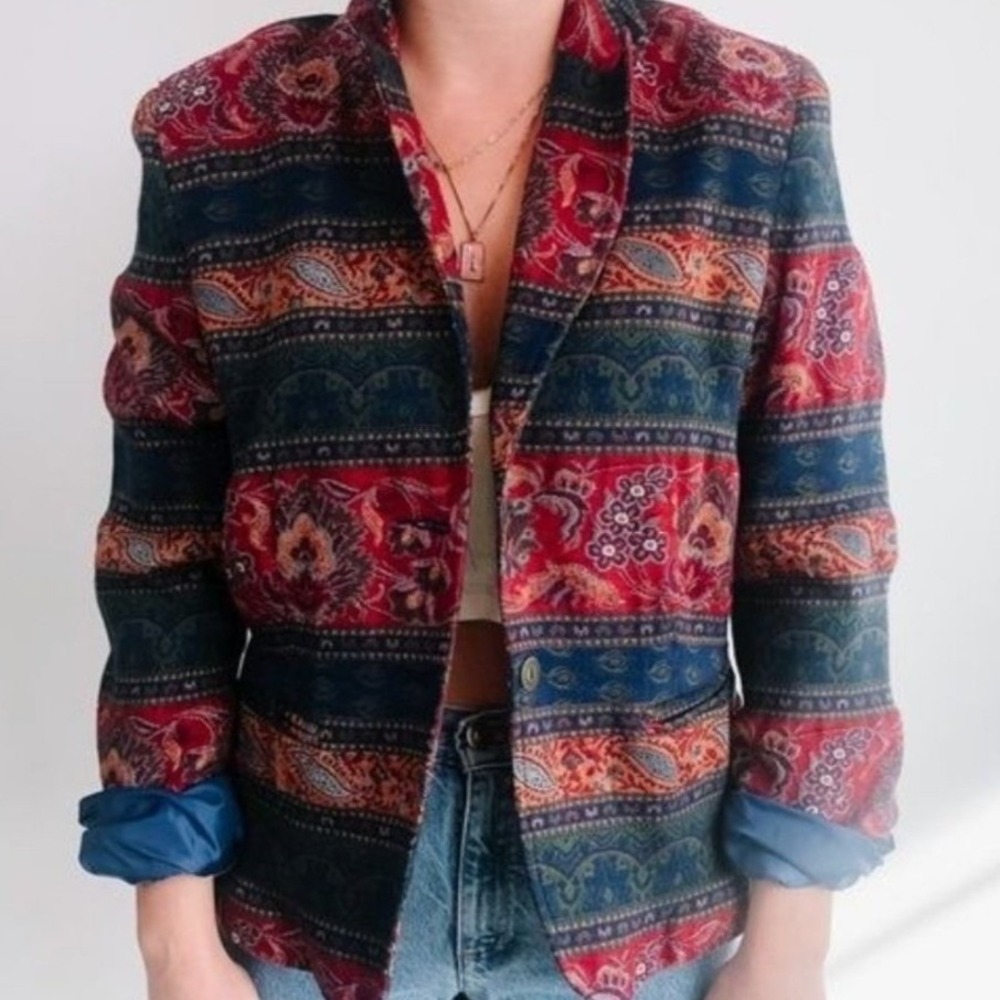 Napa Valley Vintage Tapestry Paisley Blazer Jacket Red Blue Floral Print Size 14 - Picture 7 of 7
